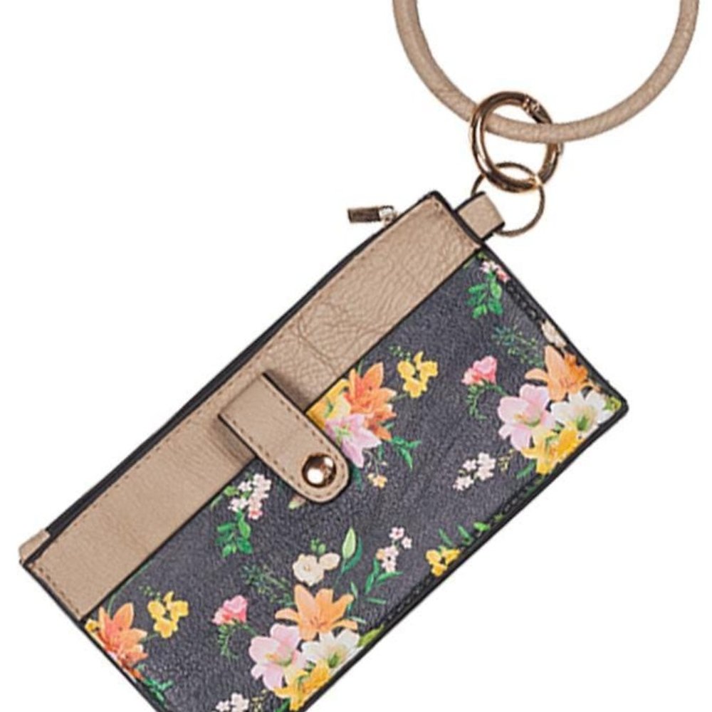 NWT Tan Floral Wristlet With Detachable Bangle and Keyring